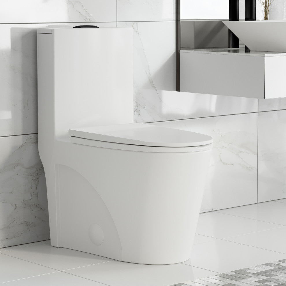St. Tropez Elongated Toilet, Dual Vortex Flush, Glossy White With Black Hardware