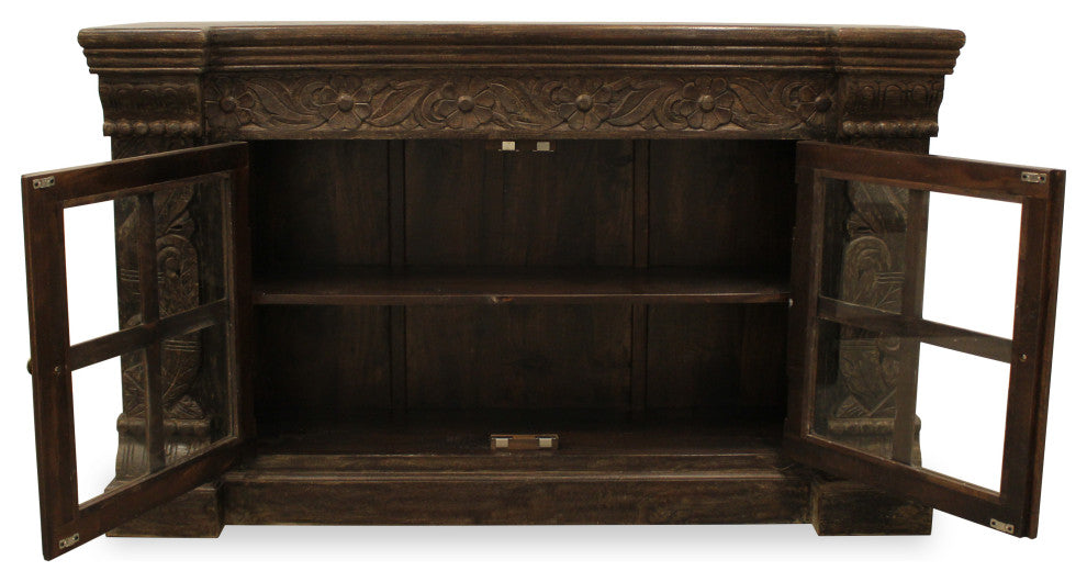 Euclidean 2-Door Hand-carved Solid Wood Sideboard with Glass Doors in Brown