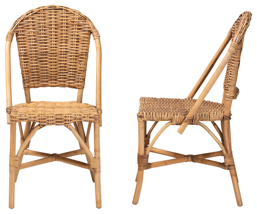 Neola Modern Bohemian Natural Rattan 2-Piece Dining Chair Set
