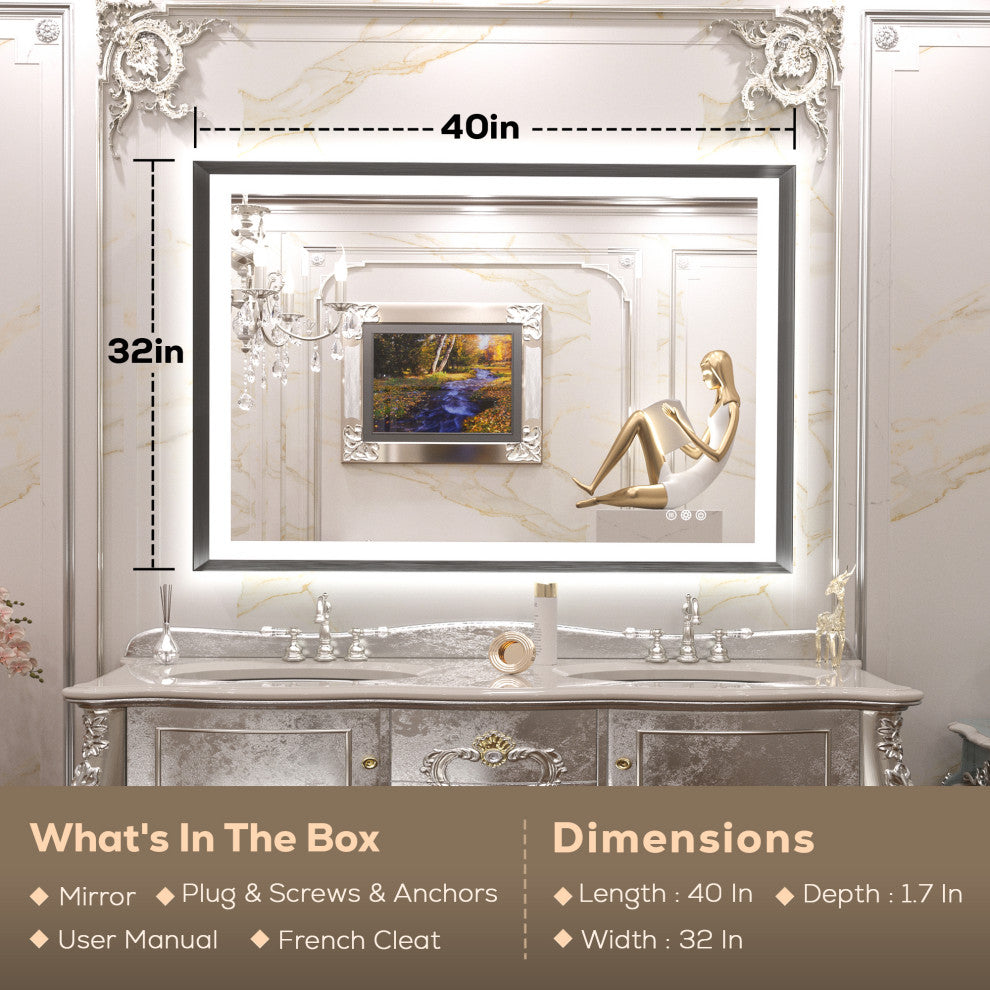 LED Vanity Mirror With Lights Metal Framed Front & Backlit, Dimmable, Black, 40x32
