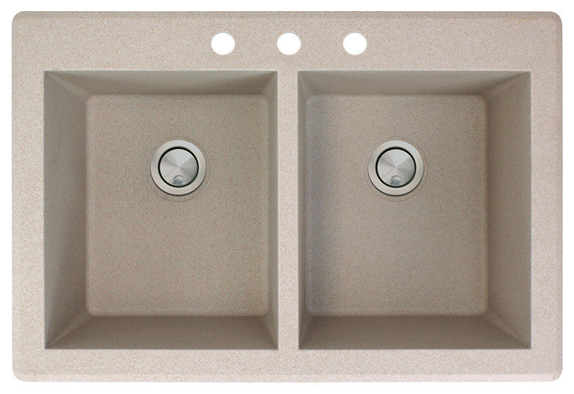 Radius 33" silQ Granite Double Bowl Kitchen Sink with 3 Holes in Cafe Latte