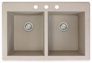 Radius 33" silQ Granite Double Bowl Kitchen Sink with 3 Holes in Cafe Latte