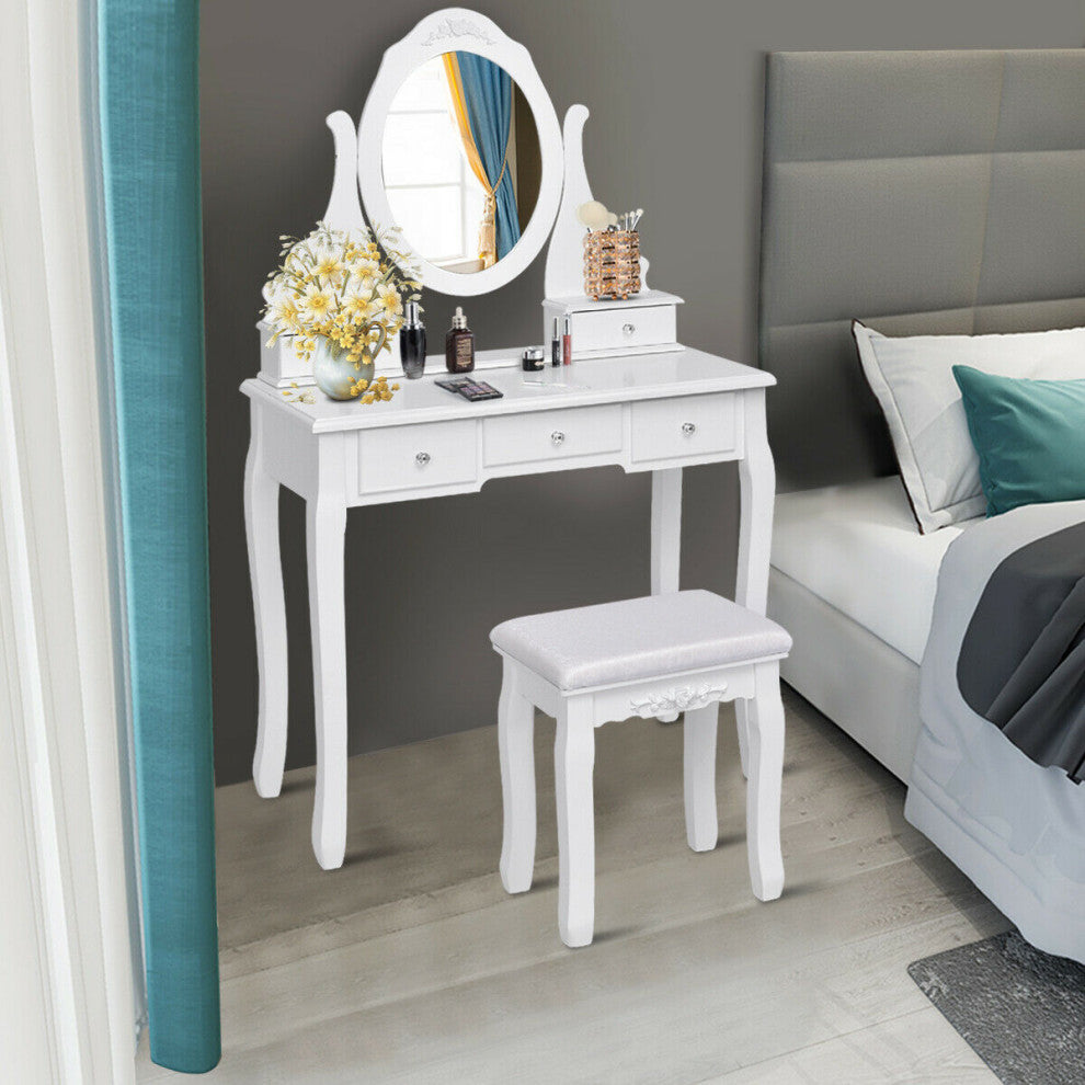 Costway Bedroom Wooden Mirrored Makeup Vanity Set Stool Table Set White