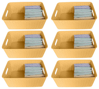 Plastic Rattan Storage Box Basket Organizer, Beige, Medium-Pack of 6