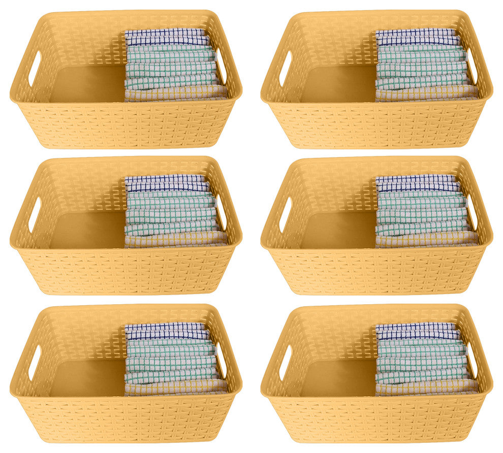 Plastic Rattan Storage Box Basket Organizer, Beige, Medium-Pack of 6