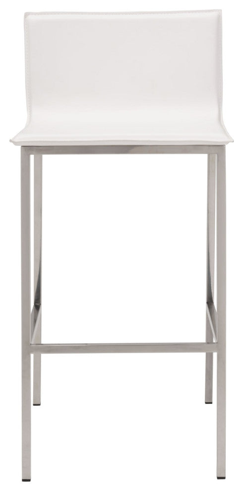 Bar Stool Chair Barstool, Set of 2, Faux Vinyl Leather, Steel, White, Silver
