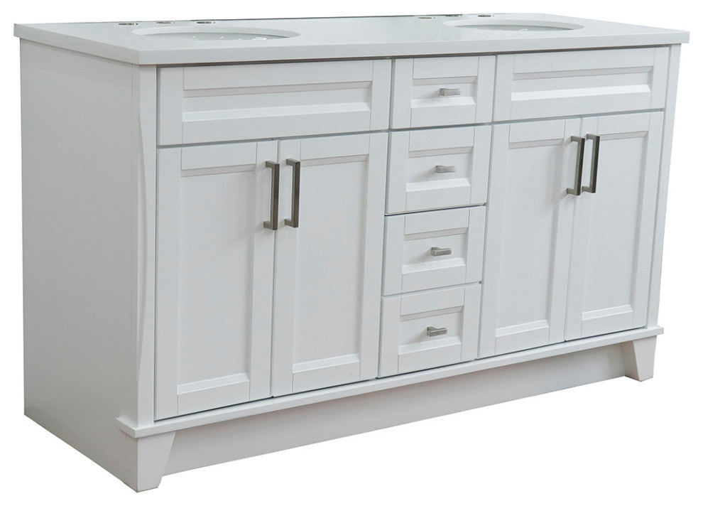 61" Double Sink Vanity, White Finish And Engineered Stone Top And Oval Sink