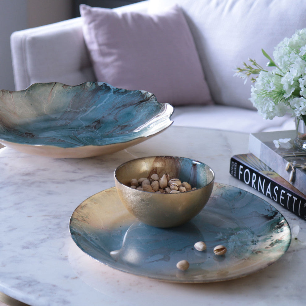 Beatriz Ball New Orleans Glass Light Teal Gold Foil Round Platter