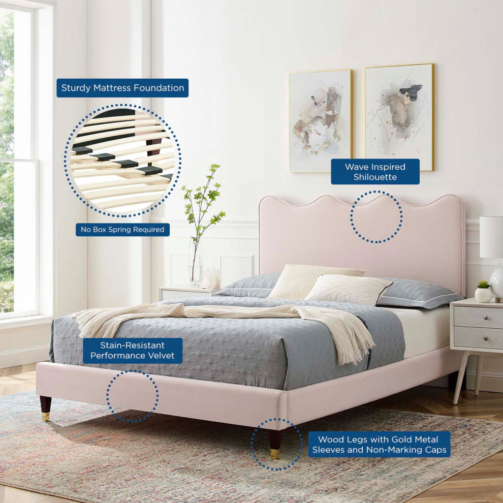 Platform Bed Frame, Queen Size, Pink, Velvet, Modern, Bedroom Guest Suite
