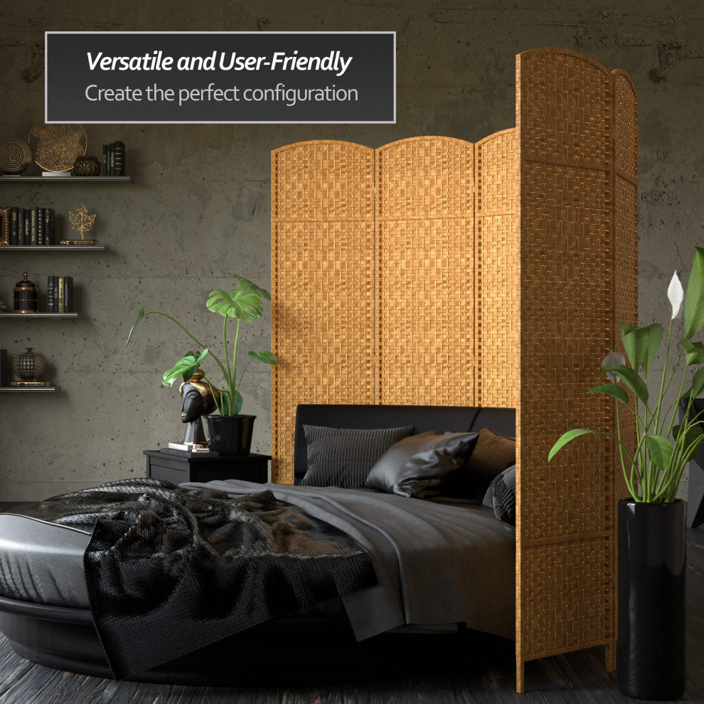 7' Tall Diamond Weave Room Divider, Light Beige, 4 Panels