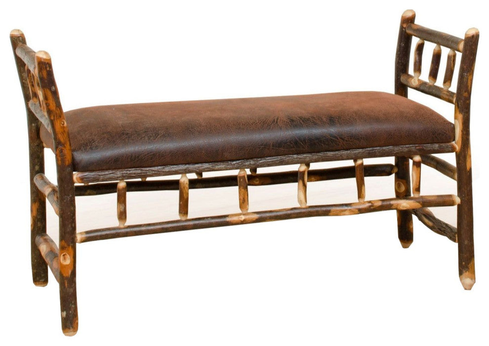 Hickory Log Upholstered Arm Bench, Faux Brown Leather
