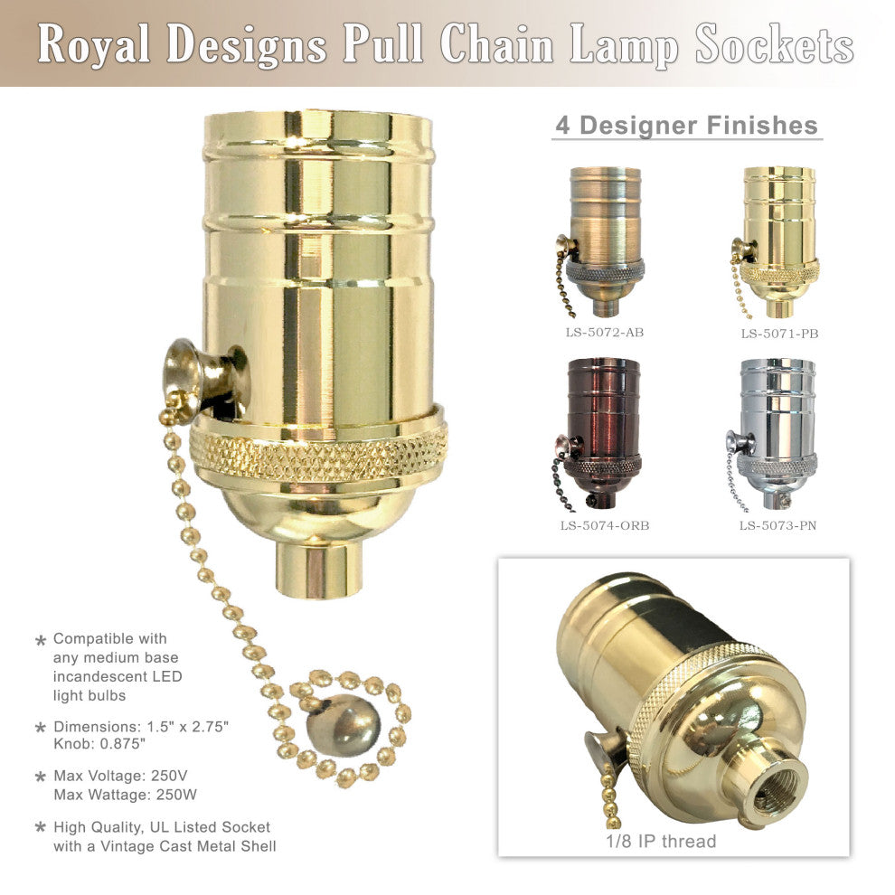 Royal Designs, Inc. Vintage Pull Chain Lamp Socket, Polished Brass, Set of 4