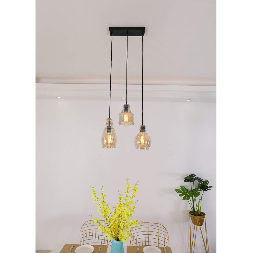 Lynn 3-Light Cognac Glass Cluster Pendant, Antique Black