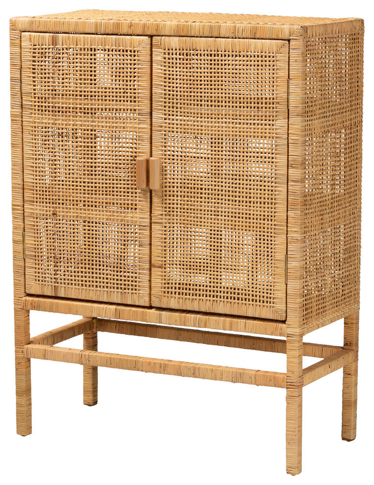 Vivan Bohemian Natural Brown Rattan and Mahogany Wood 3-Shelf Storage Cabinet