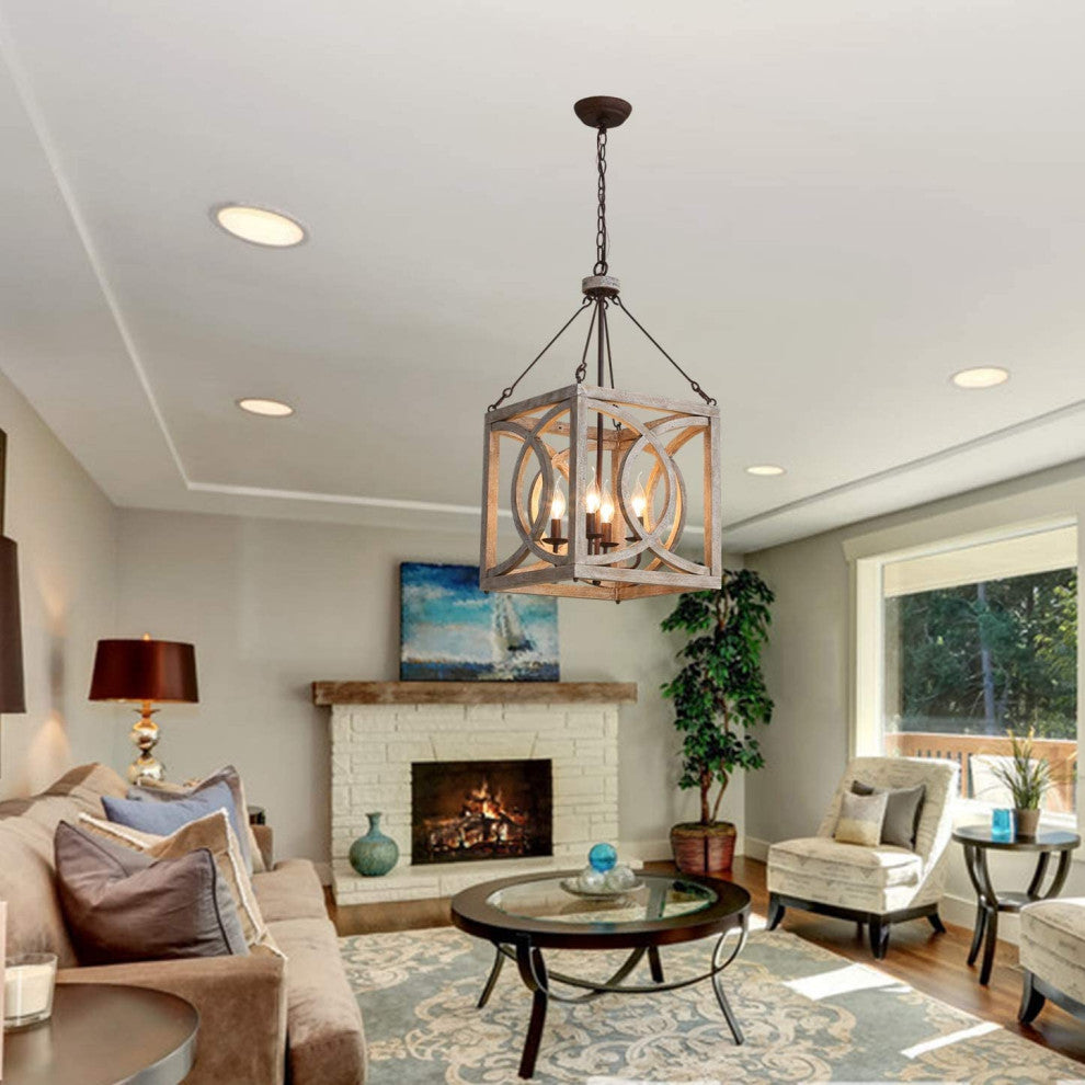 4 Light Square Wood Chandelier Vintage Cage Pendant Light Fixture