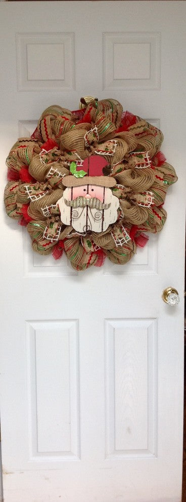 Adorable Wood Santa with Metal Mustache Deco Mesh Wreath
