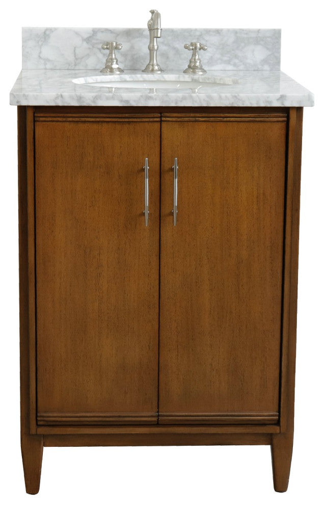 25" Single Sink Vanity, Walnut Finish, White Carrara Marble and Oval Sink