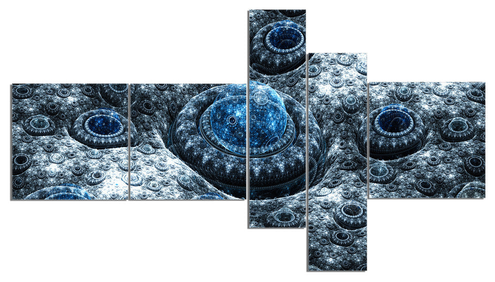 Blue Fractal Exotic Planet, Abstract Canvas Art Print, 60"x32", 5 panels