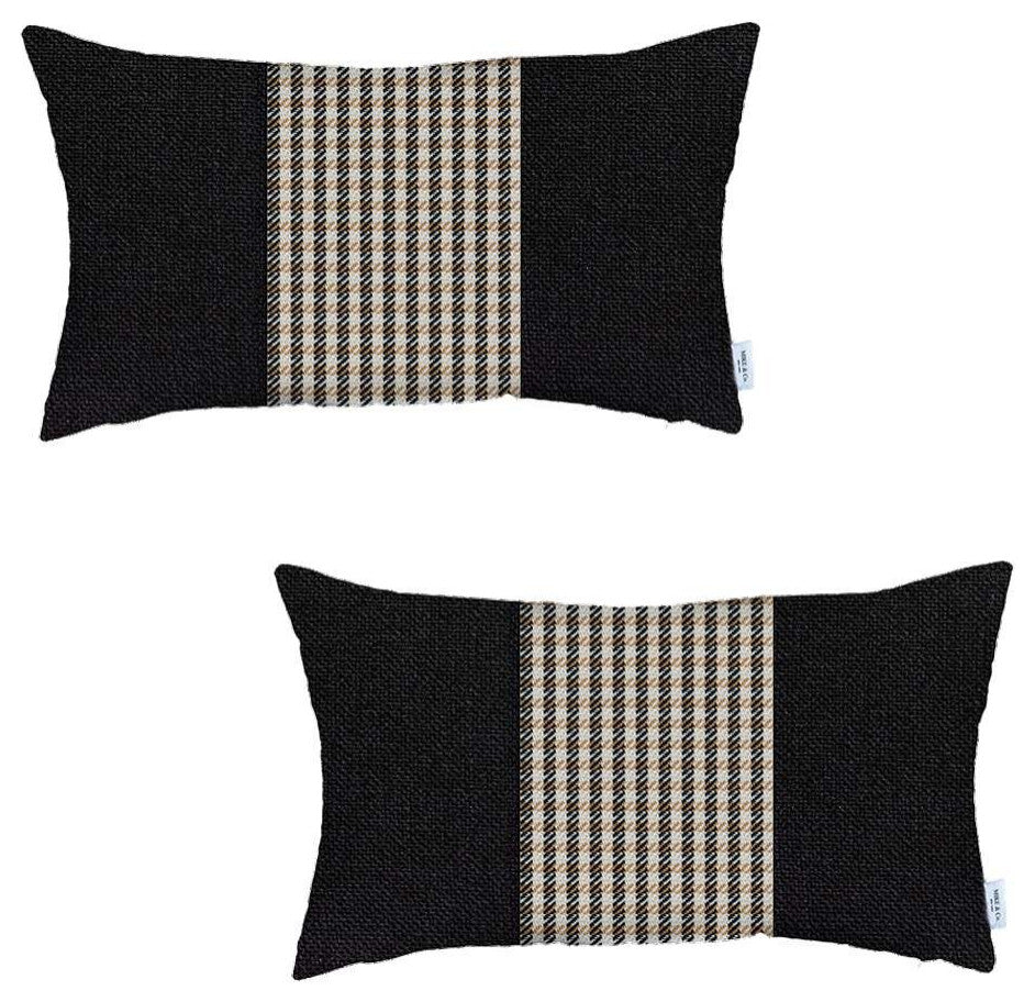 Set of 2 Tan Mid Houndstooth Lumbar Pillow Covers