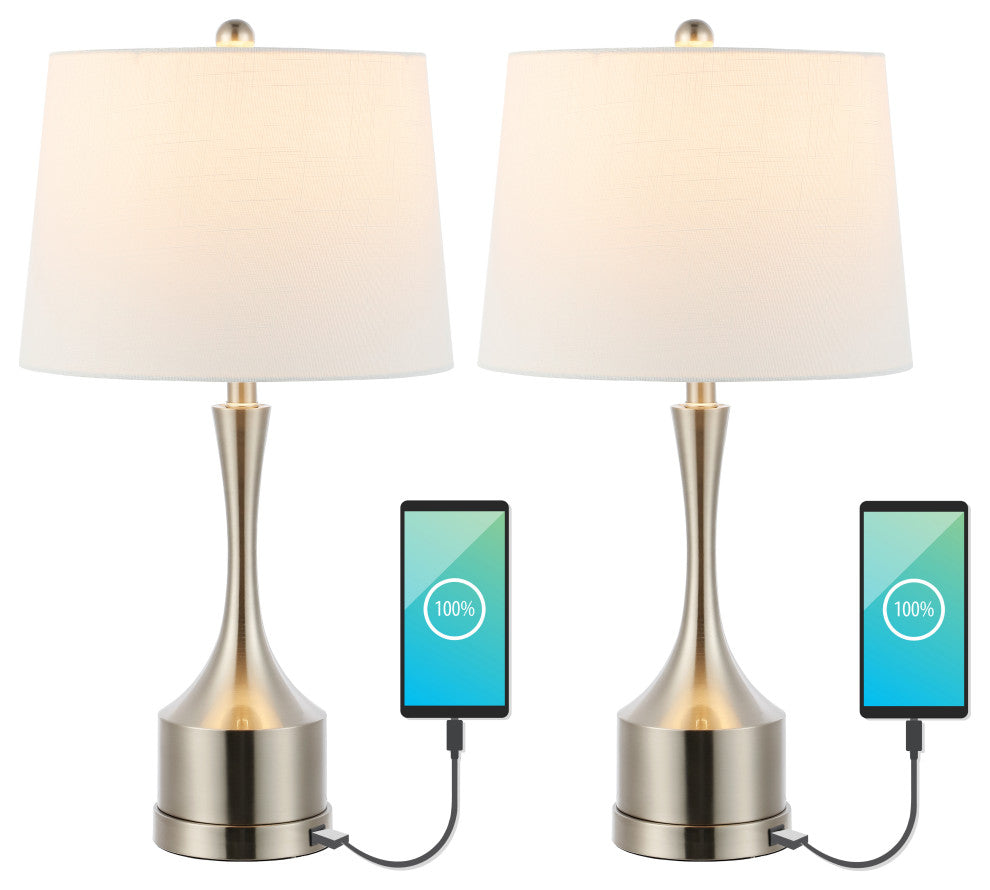 Cooper 26" French Country Iron Table Lamp, USB Charging, Set of 2, Nickel