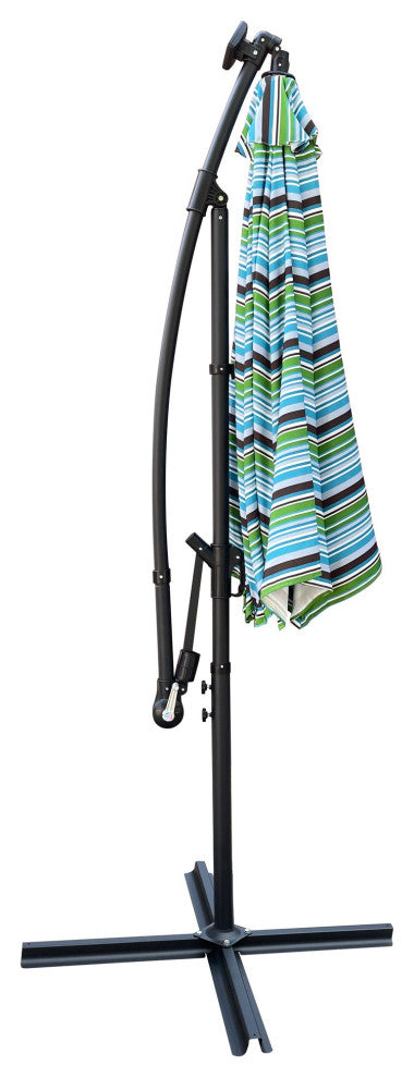 10' Steel Patio Umbrella Outdoor Market With Crank and LED Lights, Blue Striped