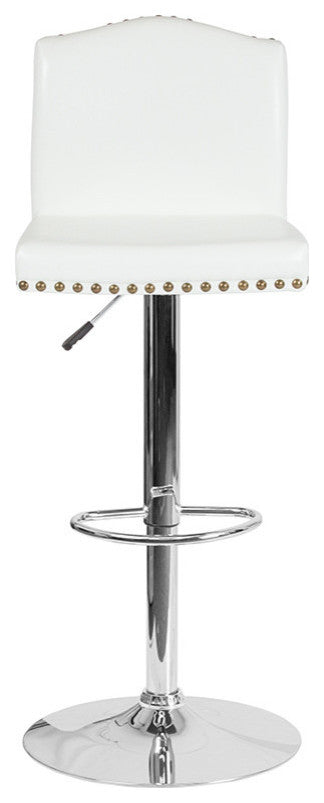 Contemporary Adjustable Height Barstool With Accent Nail Trim, White Leather