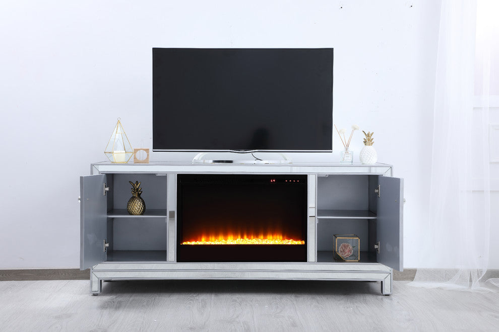 60" Mirrored TV Stand, Crystal Design Fireplace Insert