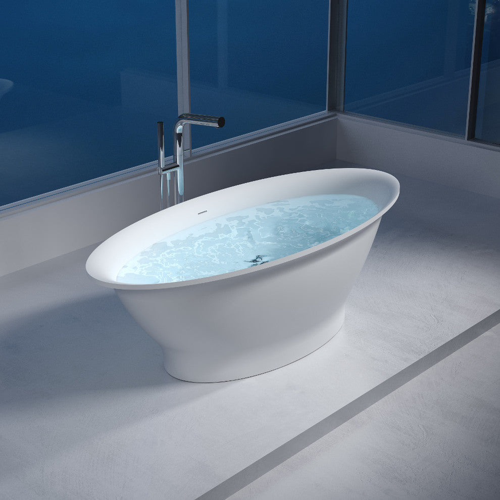 74" Polystone Oval Free-Standing Bathtub, Matte White, No Faucet