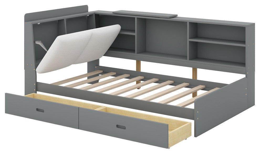 Gewnee Wood Twin Size platform bed with Storage Headboard