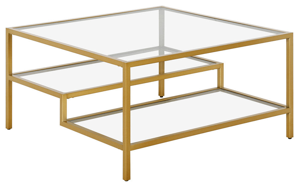 32" Gold Glass And Steel Square Coffee Table With Two Shelves