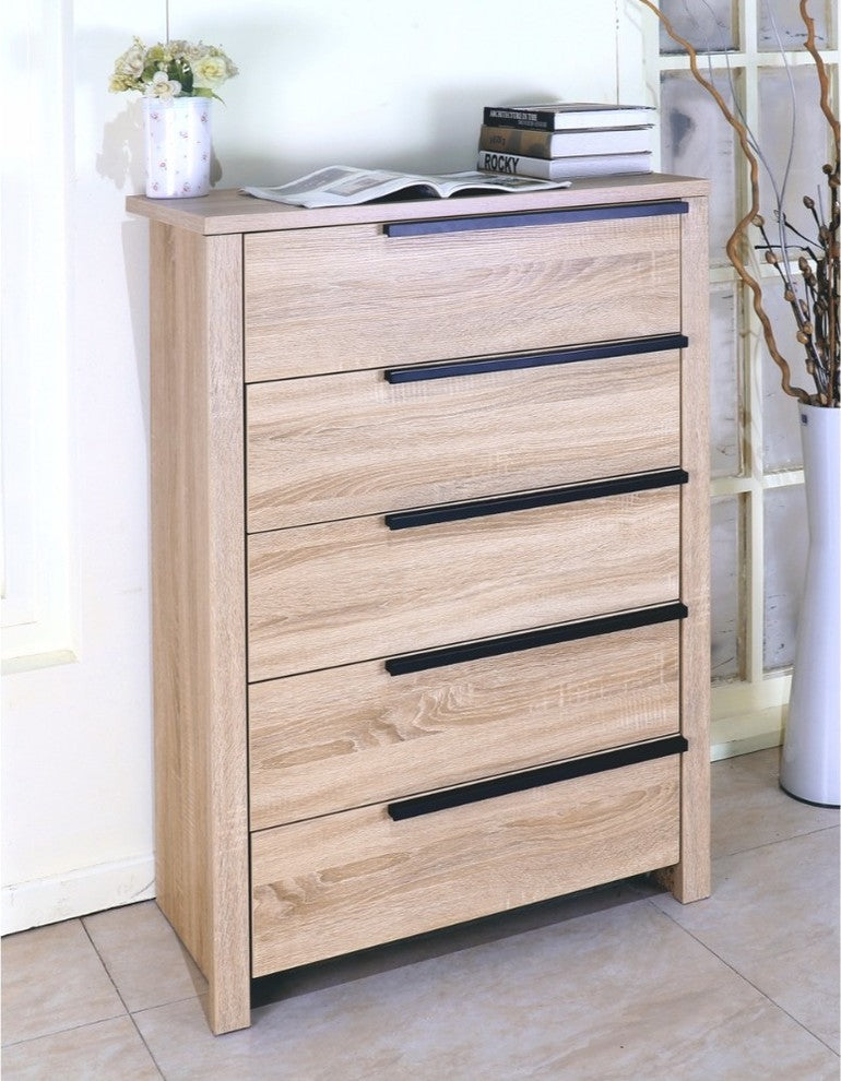 Capacious Brown Finish Chest With 5 Drawers On Metal Glides.