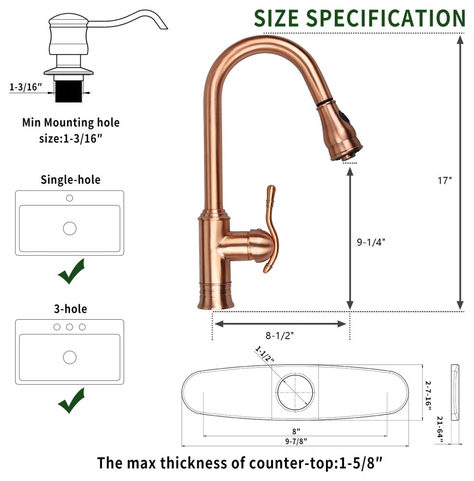 Copper Pull Down Kitchen Faucet With Soap Dispenser and Deck Plate, All, One