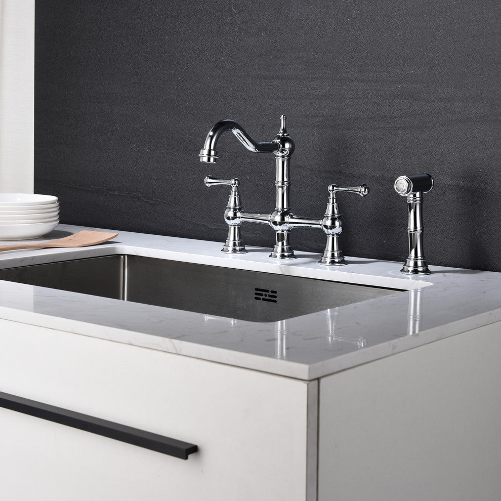 Wellfor Dual Handles Kitchen Sink Faucet With Pull-Out Side Spray