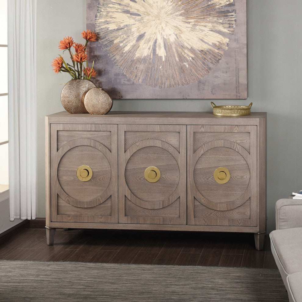 Brooks 3-Door Straight Grain Ash Veneer Buffet Cabinet With Metal Legs, Gray