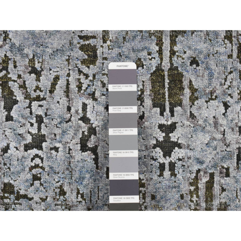 Gray Silk With Wool Hand Knotted Erased and Broken Design Runner Rug 2'6"x10'
