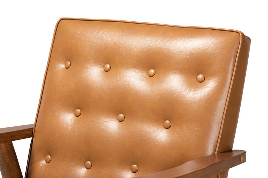 MCM Tan Faux Leather Upholstered and Walnut Brown Finished Wood Lounge Chair