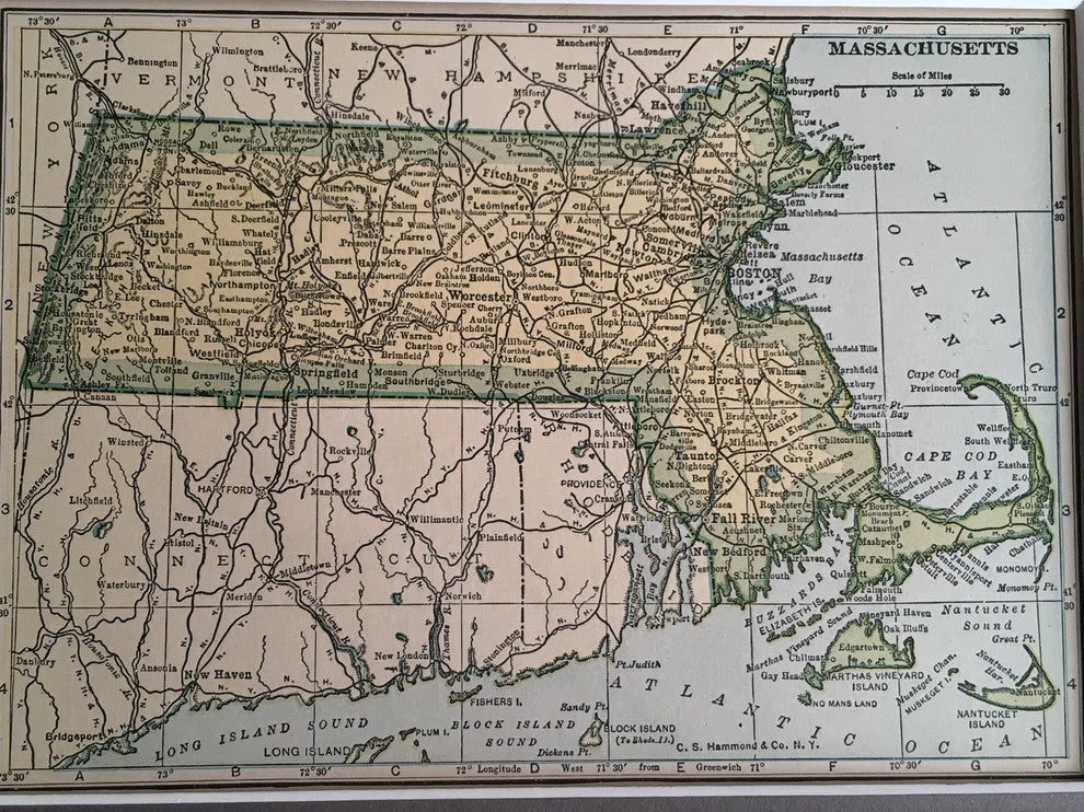 Vintage Massachusetts Map, Framed Original MA State Map- Authentic 1920s