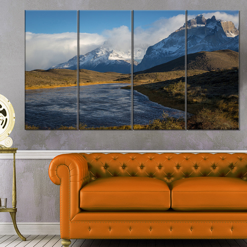 Beautiful View of Torres del Paine, Beach Canvas Wall Art, 48"x28", 4 Panels