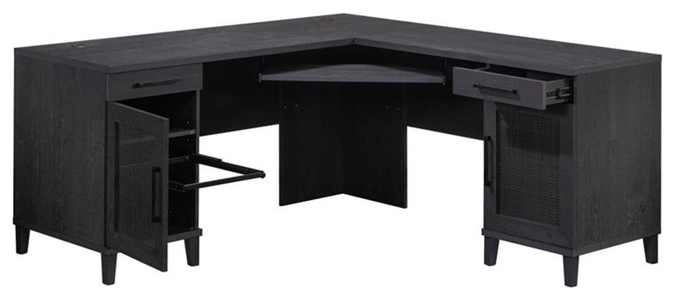 Pemberly Row Contemporary Coastal Engineered Wood L-Desk in Raven Oak