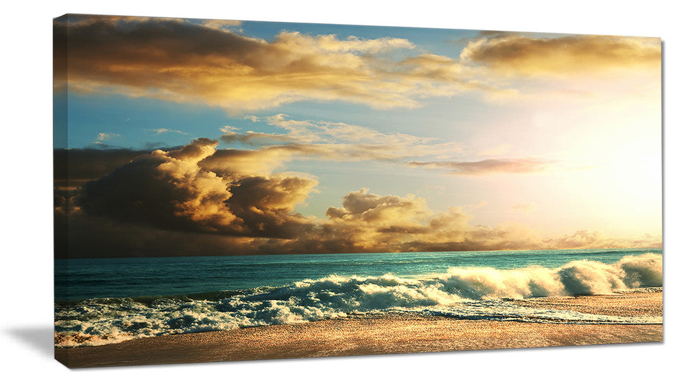 "Green Sea Beach Under Cloudy Sky" Modern Beach Canvas Art Print, 32"x16"