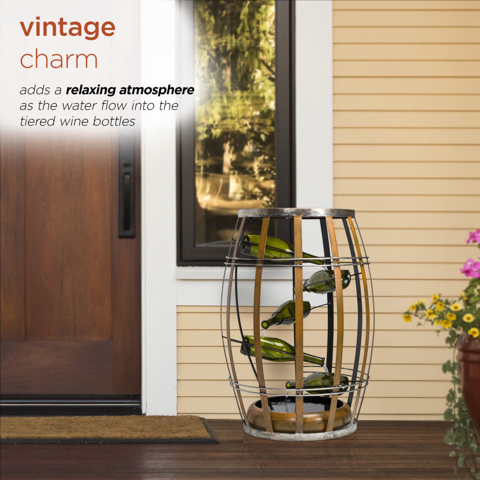 Alpine Metal Tiered Wine Bottles in a Barrel Fountain, 31" Tall