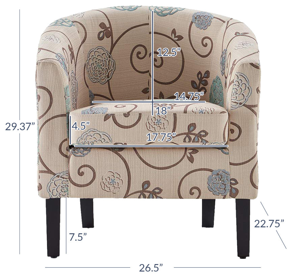 Modern Club Chair Barrel Design, Flower Print