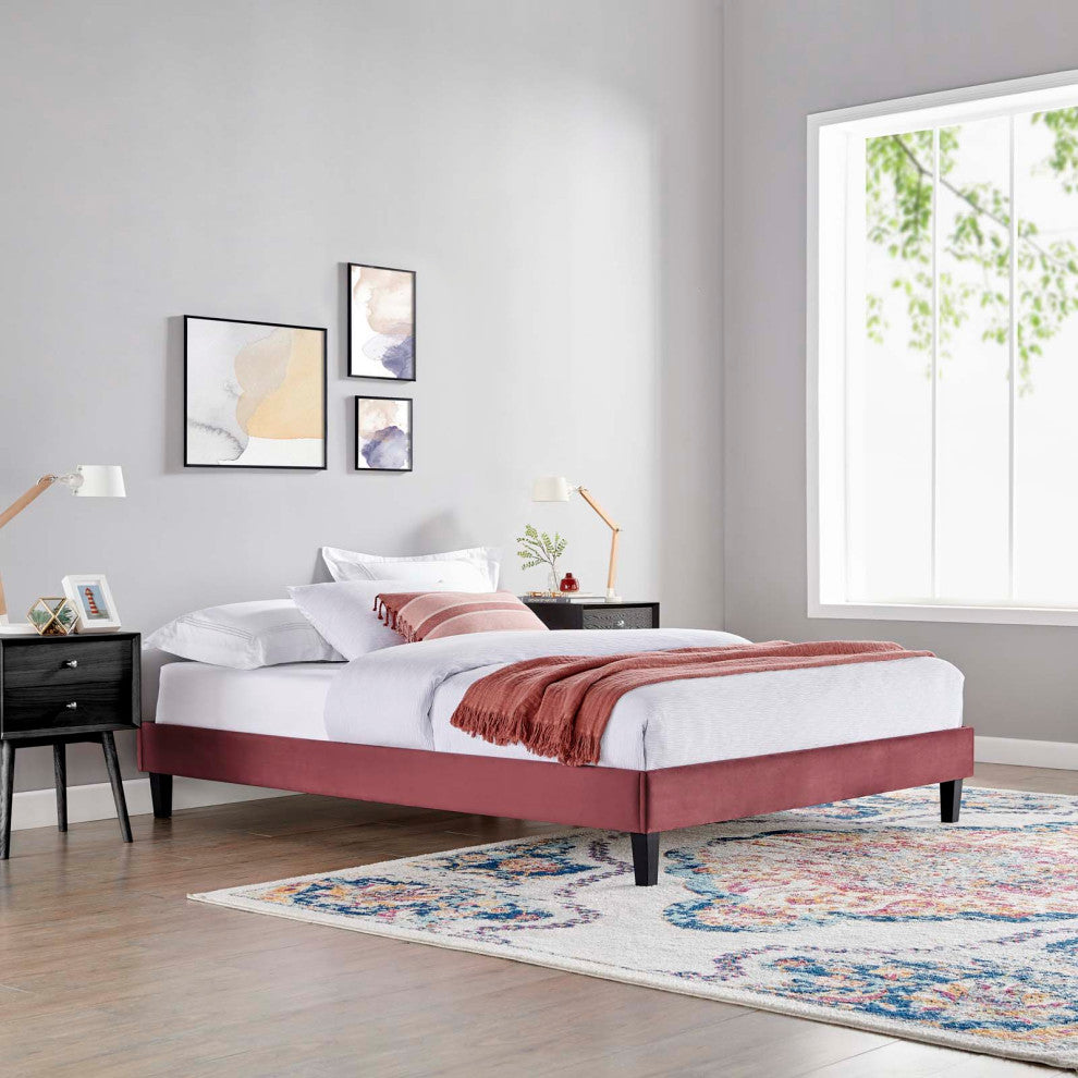 Reign Queen Performance Velvet Platform Bed Frame Dusty Rose