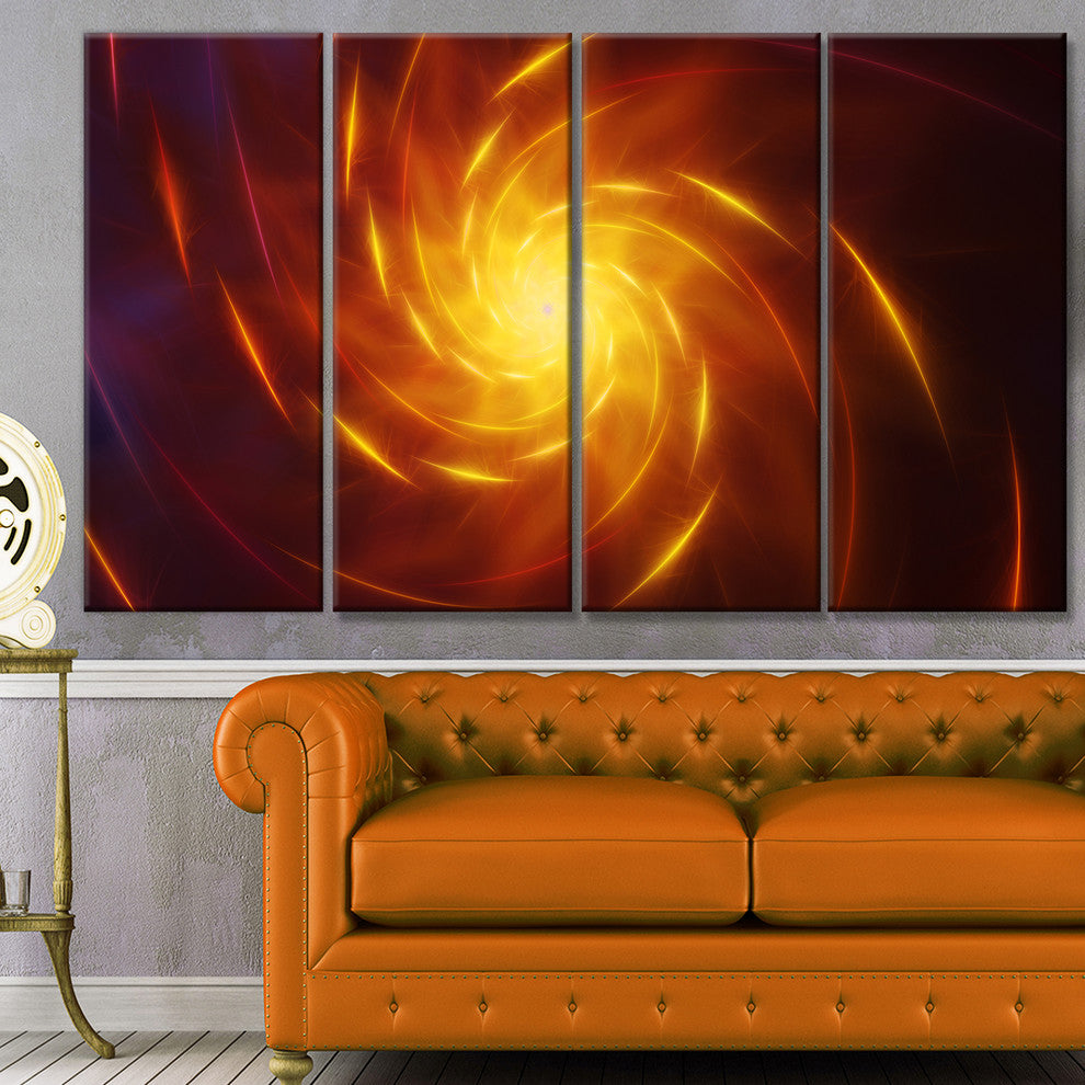 Yellow Whirlpool Fractal Spirals, Abstract Art on Canvas, 48"x28", 4 Panels