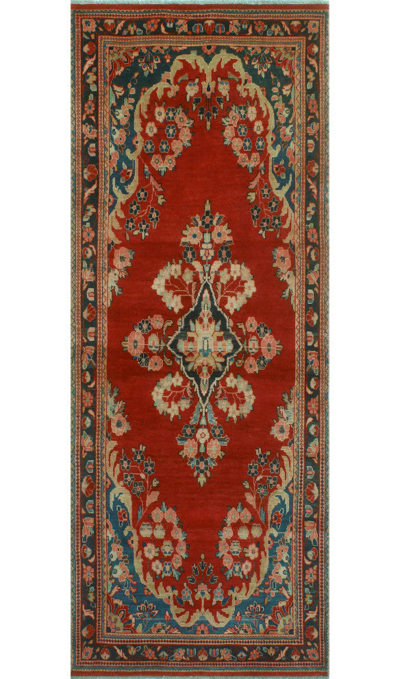 Fine Vintage Distressed Raff Red/Navy Runner, 3'10x10'1