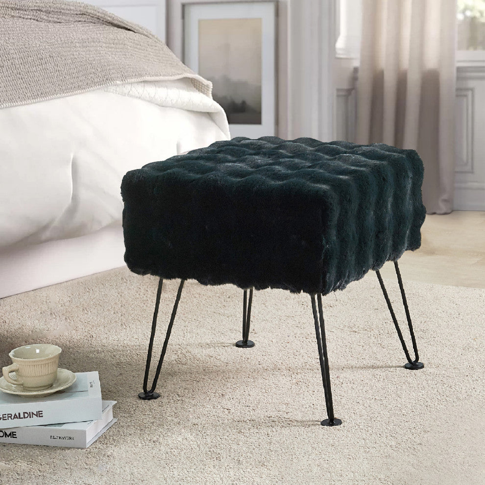 Bubble Square Faux Fur Ottoman Stool, Black, 17''x17''x17''