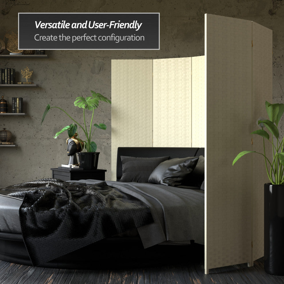 6' Tall Woven Fiber Room Divider, 5 Panel, Cream