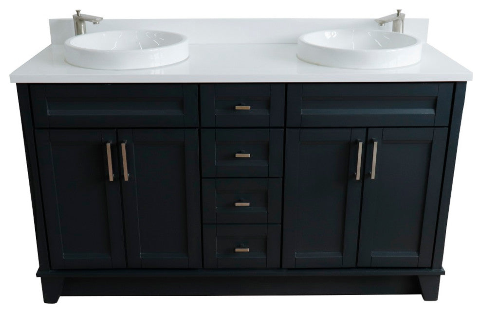 61" Double Sink Vanity, Dark Gray Finish And Engineered Stone Top And Round Sink