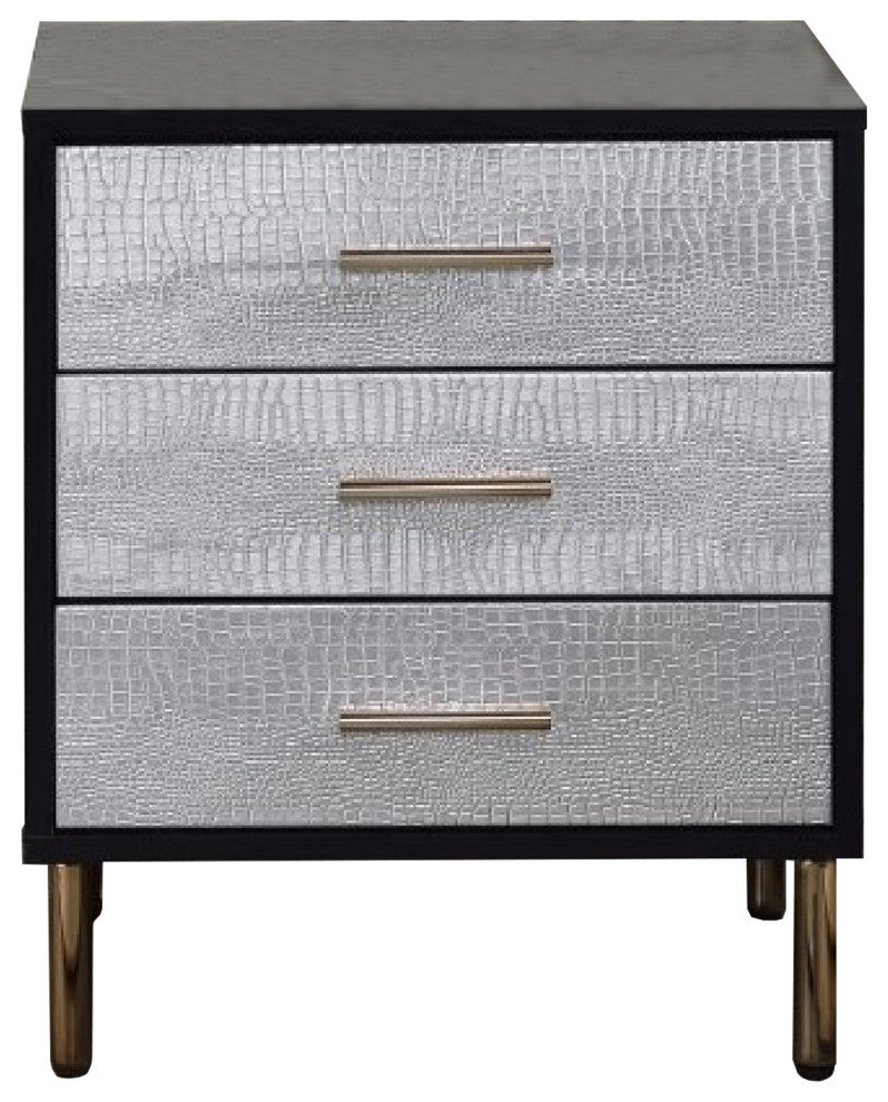 Benzara BM274661 19" Glamorous Style Nightstand, 3 Drawers, Black, Silver, Gold