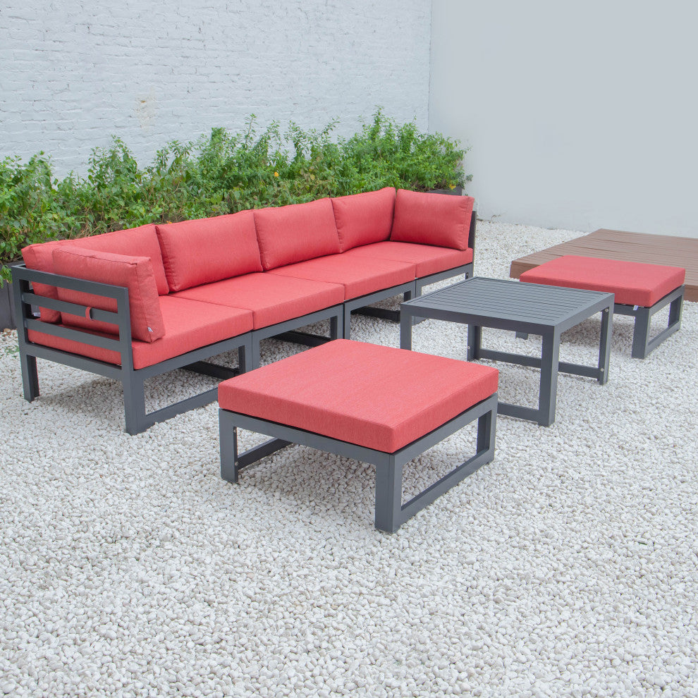 LeisureMod Chelsea 7-Piece Patio Ottoman Sectional With Coffee Table, Red